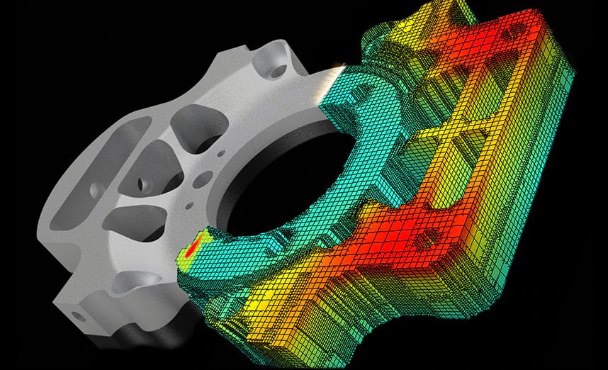 Composite image showcasing multi-scale process simulation of a component at part level and moving heat source level