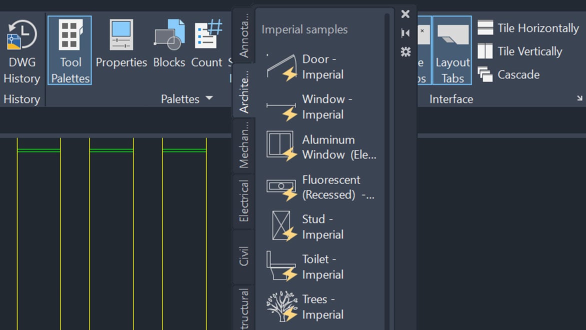 Tool palettes open in drawing of an eco-cabin in Autodesk LT