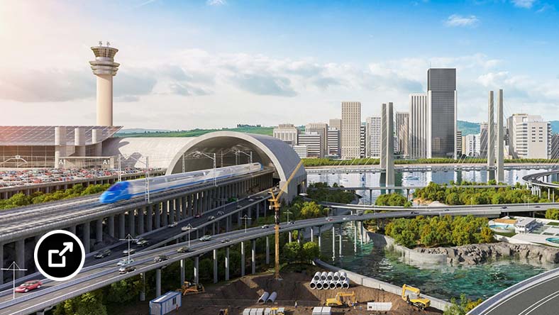 Rendering of a futuristic city with bridge, air traffic control tower, bullet train, freeways, and construction site